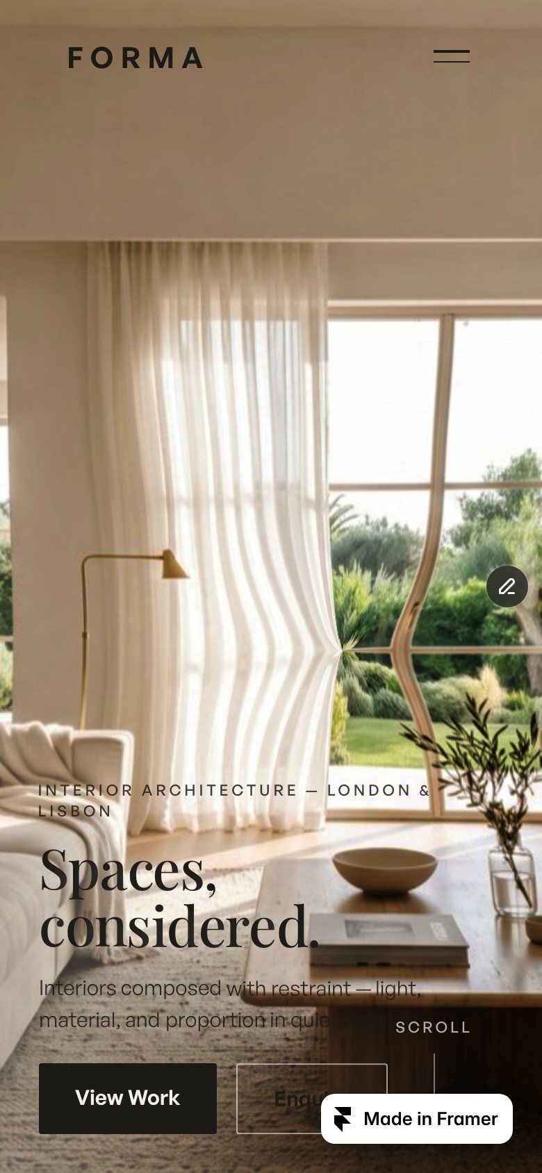 FORMA Interiors on a phone — the same Framer template at 390 px
