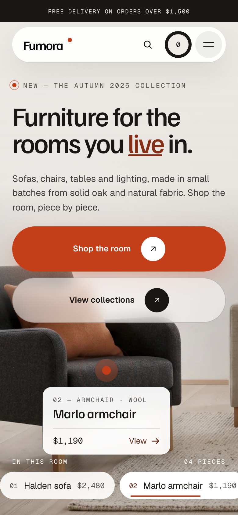 Furnora on a phone — the same Framer template at 390 px