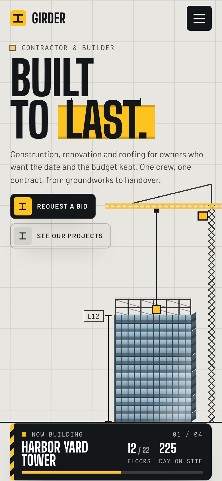 Girder on a phone — the same Framer template at 390 px