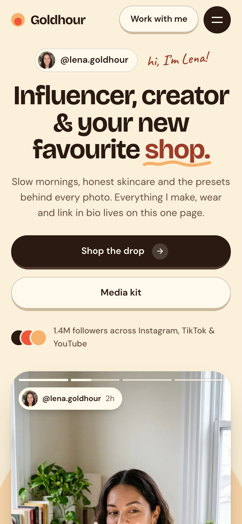 Goldhour on a phone — the same Framer template at 390 px