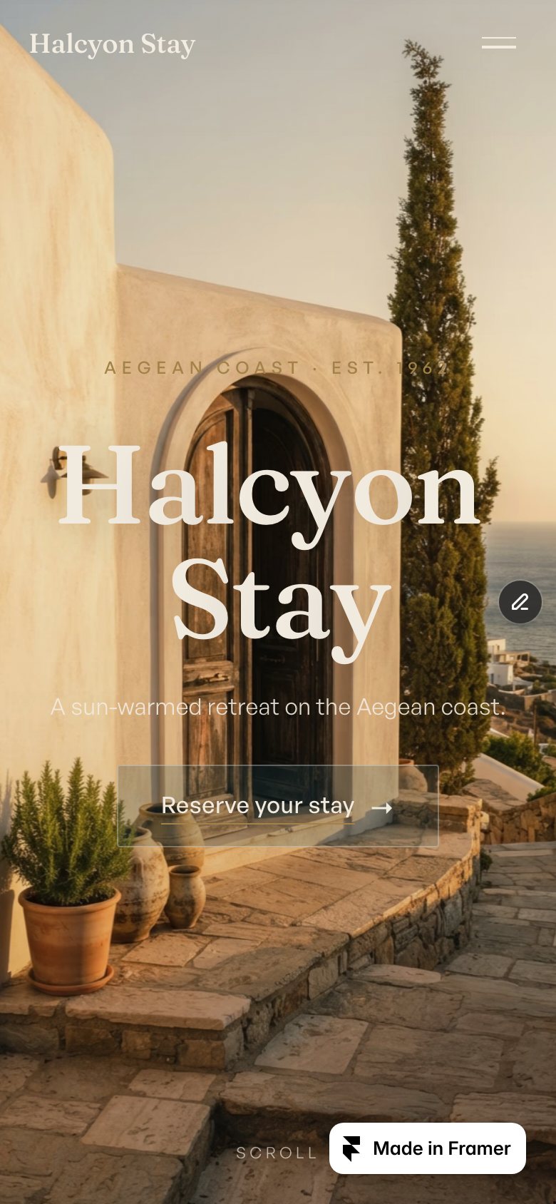 Halcyon Stay on a phone — the same Framer template at 390 px