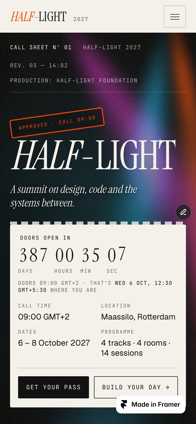 HALF-LIGHT on a phone — the same Framer template at 390 px