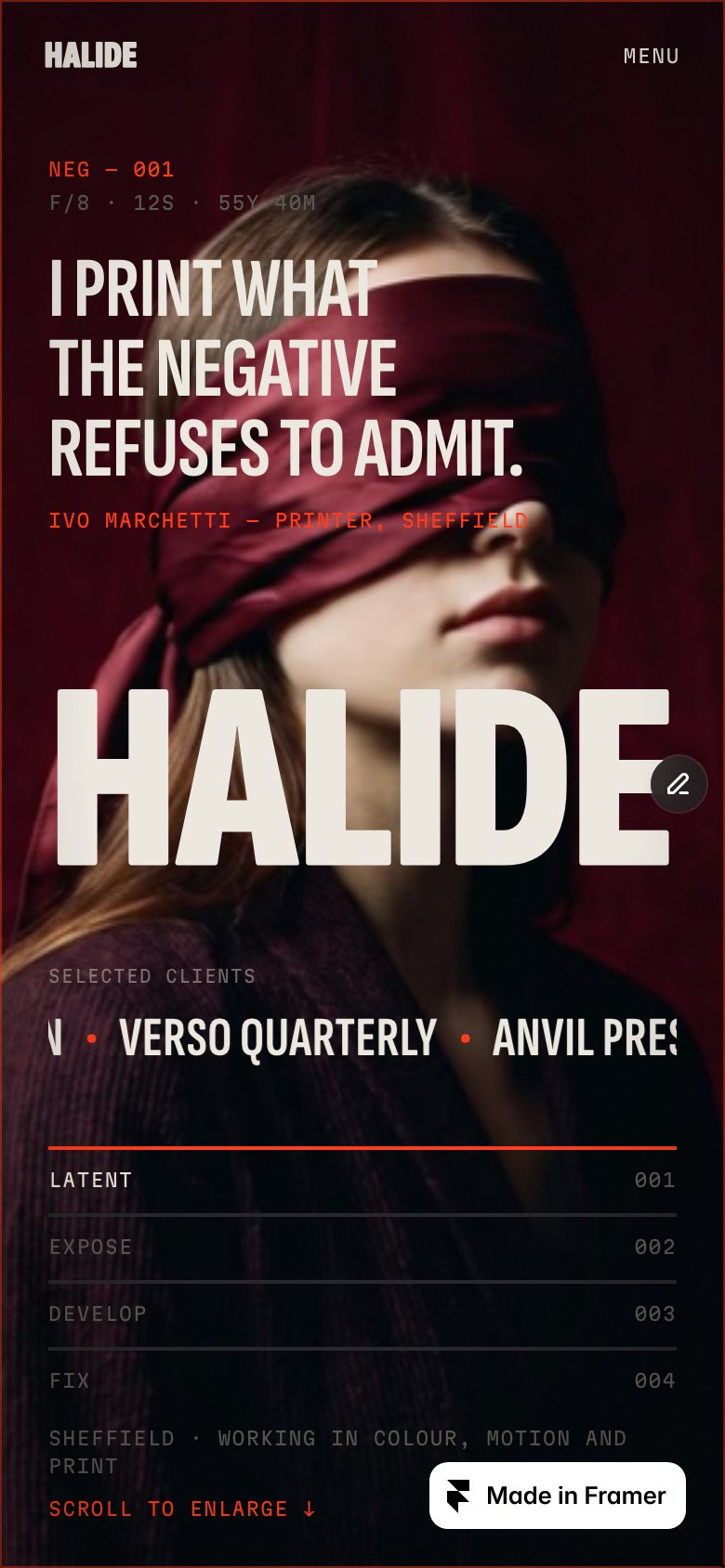 HALIDE on a phone — the same Framer template at 390 px