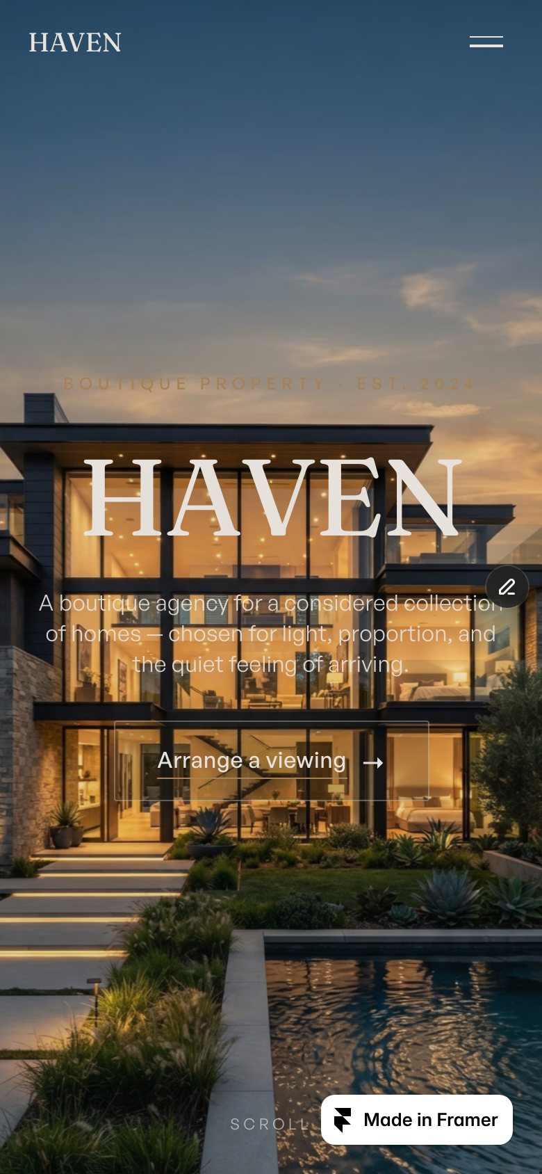 HAVEN & Co on a phone — the same Framer template at 390 px