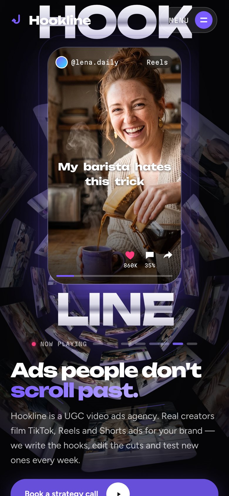 Hookline on a phone — the same Framer template at 390 px