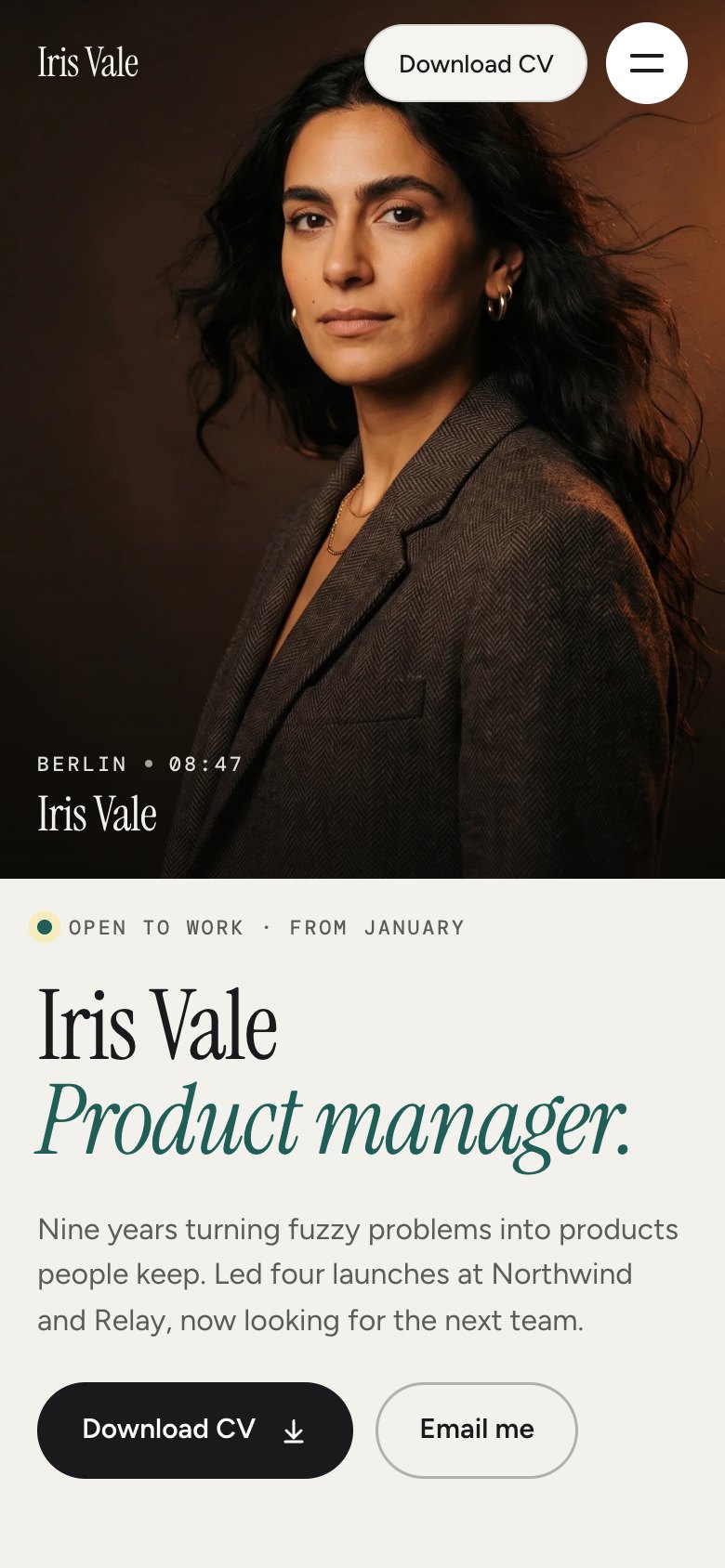 Iris Vale on a phone — the same Framer template at 390 px