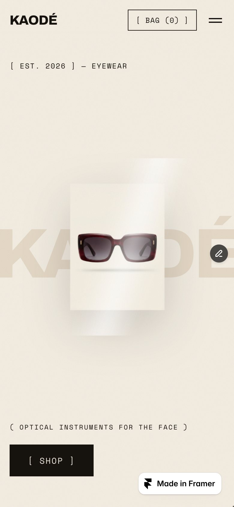 KAODÉ Eyewear on a phone — the same Framer template at 390 px