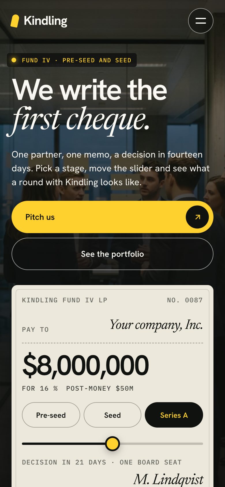 Kindling on a phone — the same Framer template at 390 px