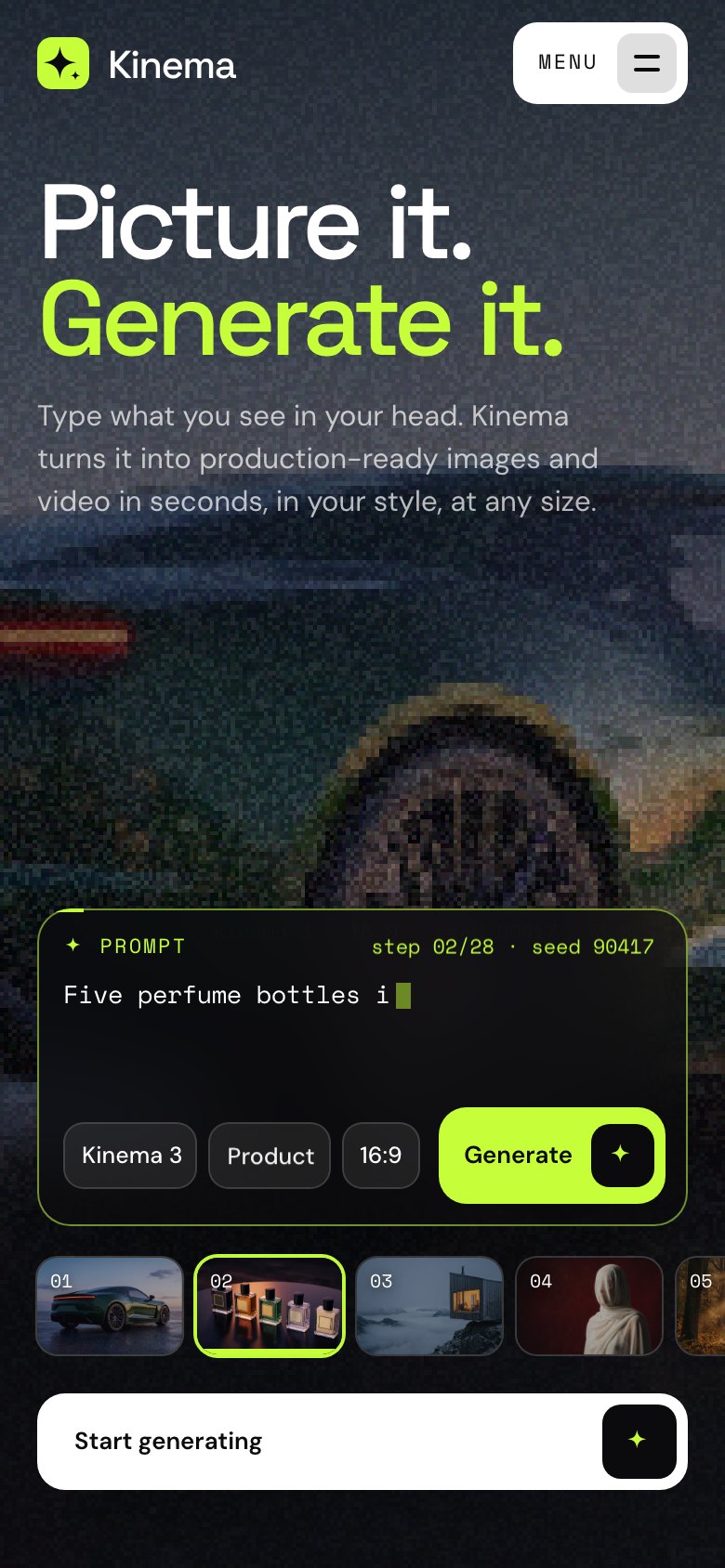 Kinema on a phone — the same Framer template at 390 px