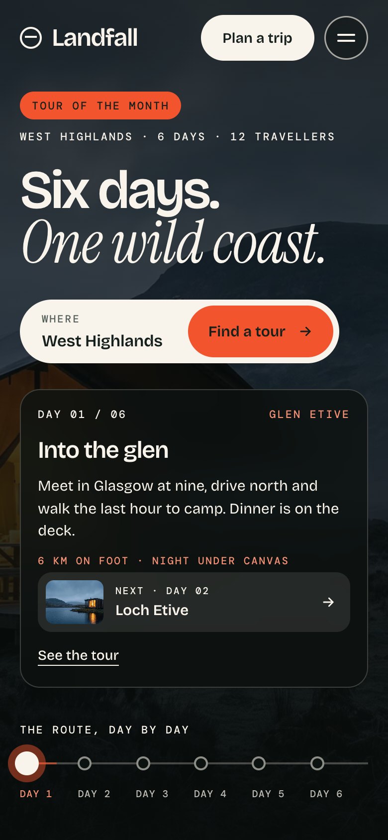 Landfall on a phone — the same Framer template at 390 px