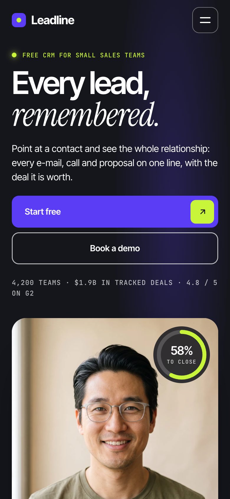 Leadline on a phone — the same Framer template at 390 px
