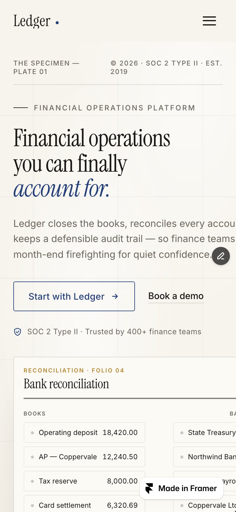 LEDGER on a phone — the same Framer template at 390 px
