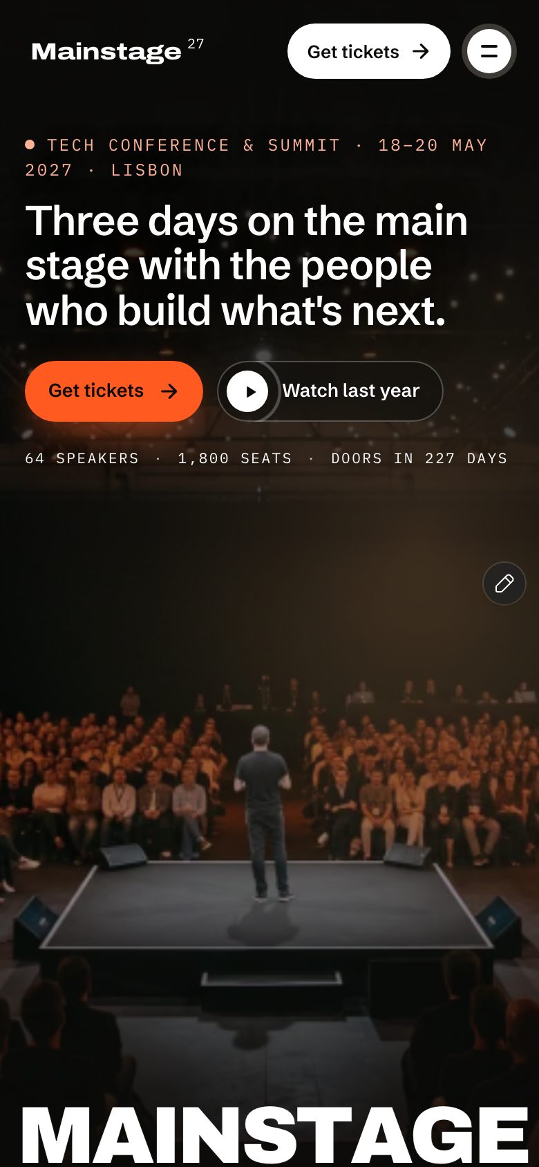 Mainstage on a phone — the same Framer template at 390 px