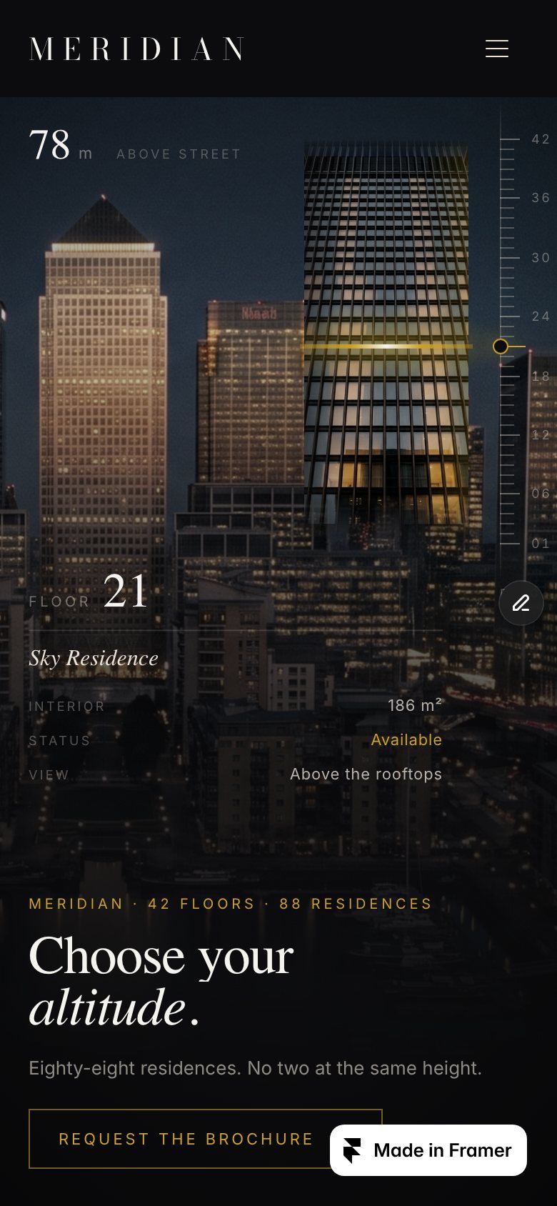 MERIDIAN on a phone — the same Framer template at 390 px