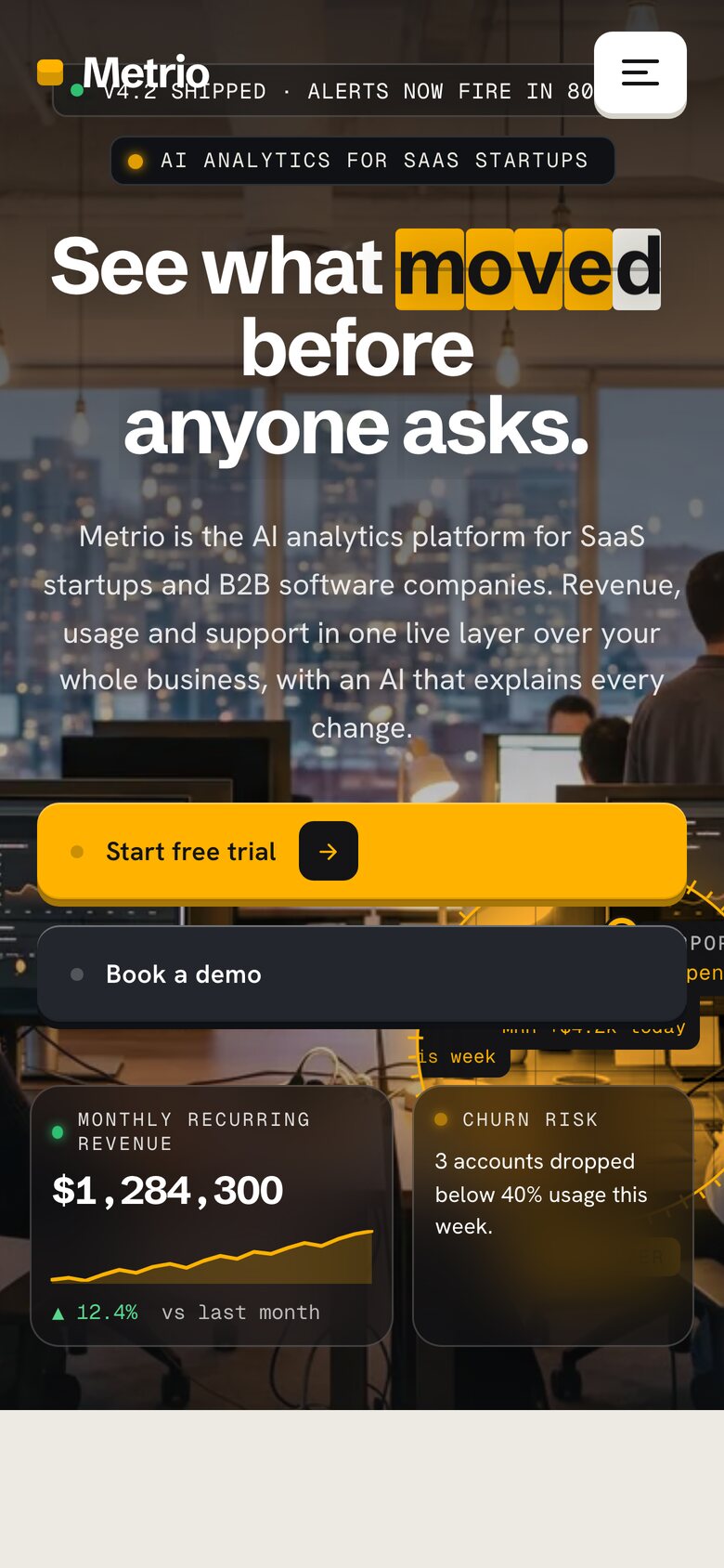 Metrio on a phone — the same Framer template at 390 px