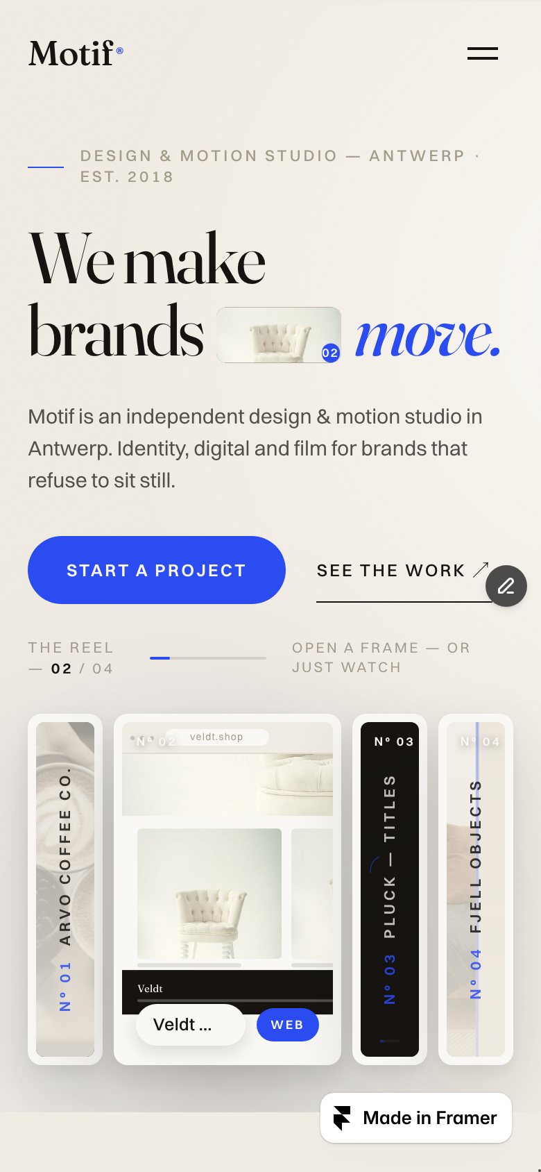 MOTIF on a phone — the same Framer template at 390 px
