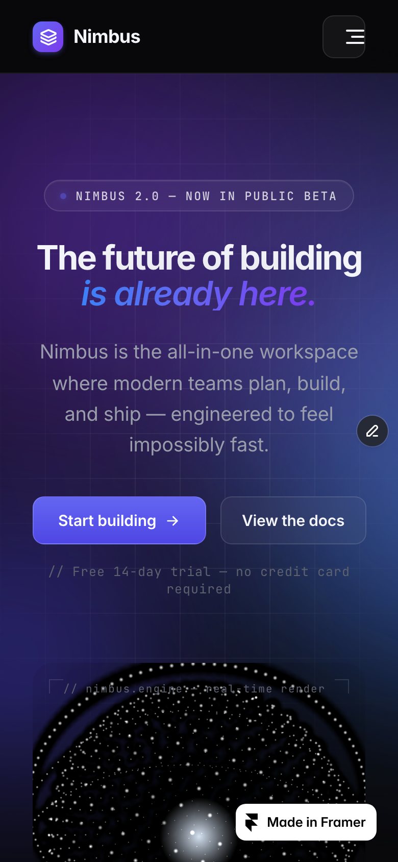 Nimbus Studio on a phone — the same Framer template at 390 px