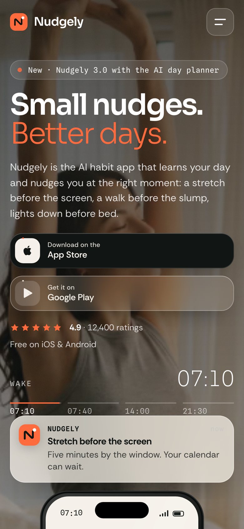 Nudgely on a phone — the same Framer template at 390 px