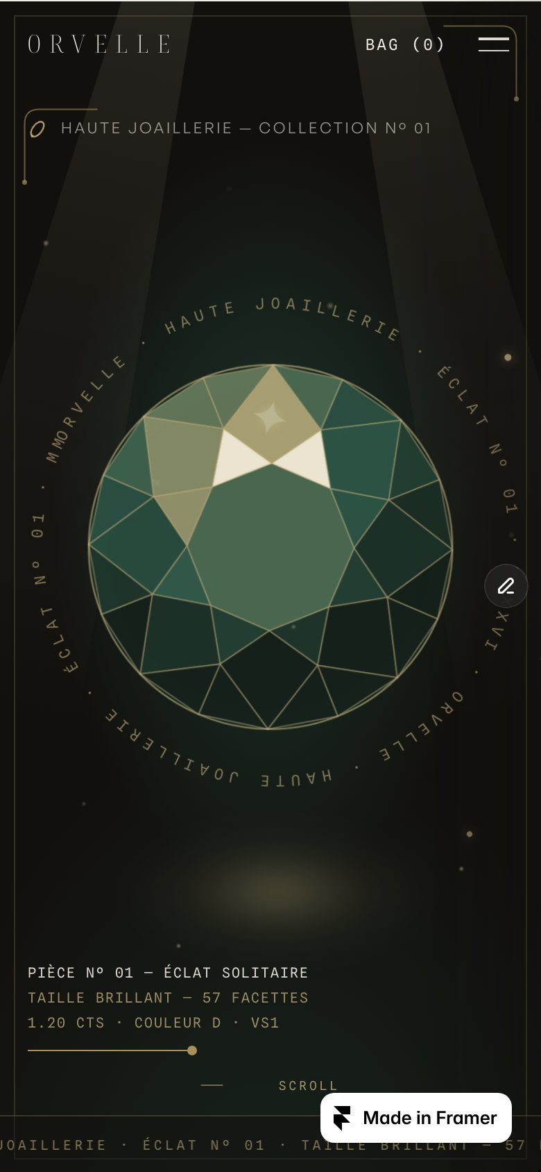 ORVELLE on a phone — the same Framer template at 390 px