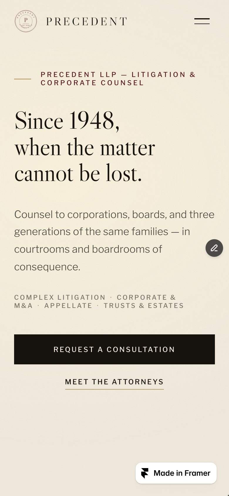 PRECEDENT on a phone — the same Framer template at 390 px