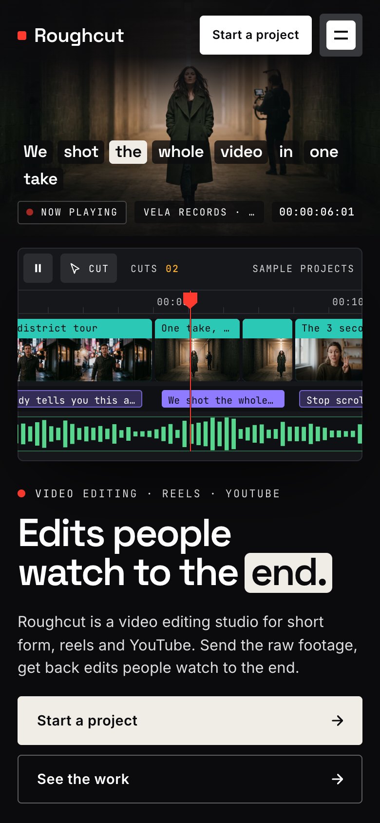 Roughcut on a phone — the same Framer template at 390 px