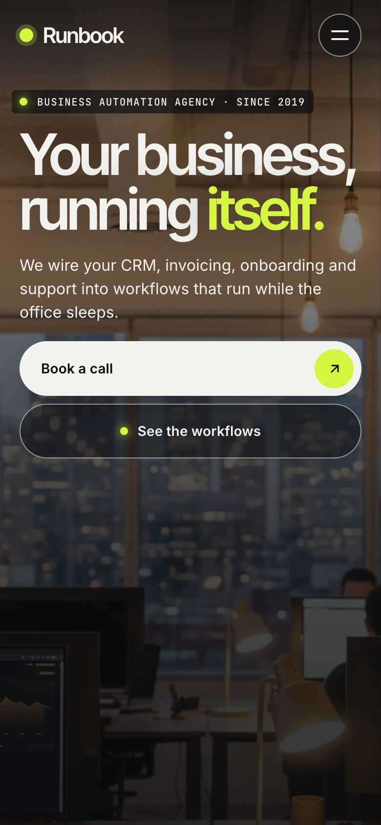 Runbook on a phone — the same Framer template at 390 px