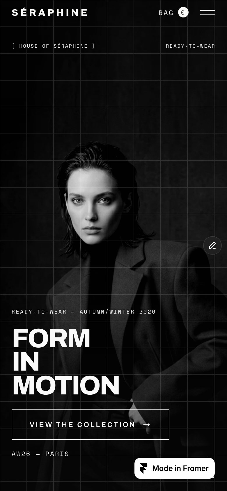 Séraphine on a phone — the same Framer template at 390 px