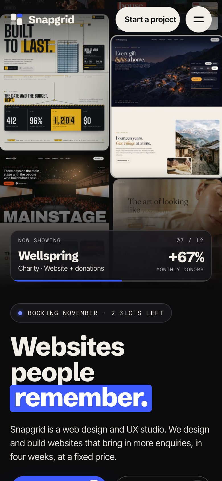 Snapgrid on a phone — the same Framer template at 390 px