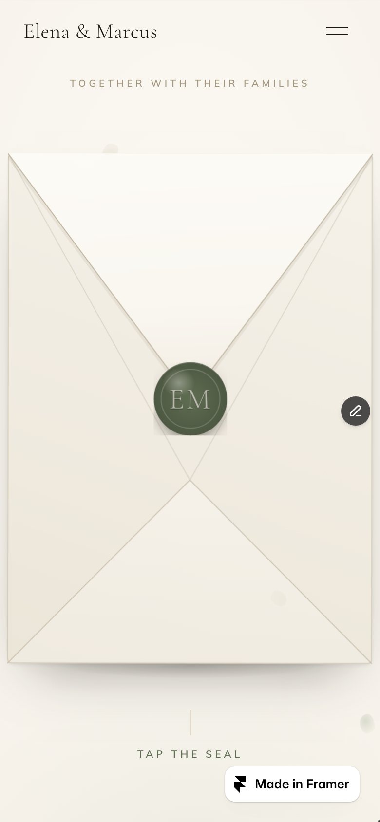 SOLENNE on a phone — the same Framer template at 390 px