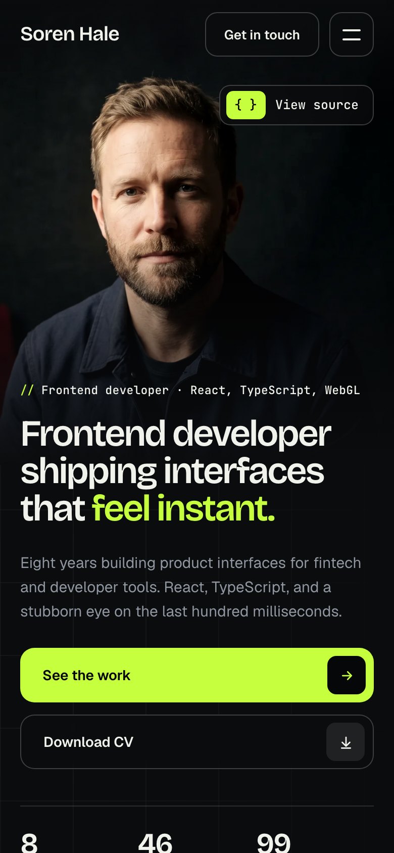 Soren Hale on a phone — the same Framer template at 390 px