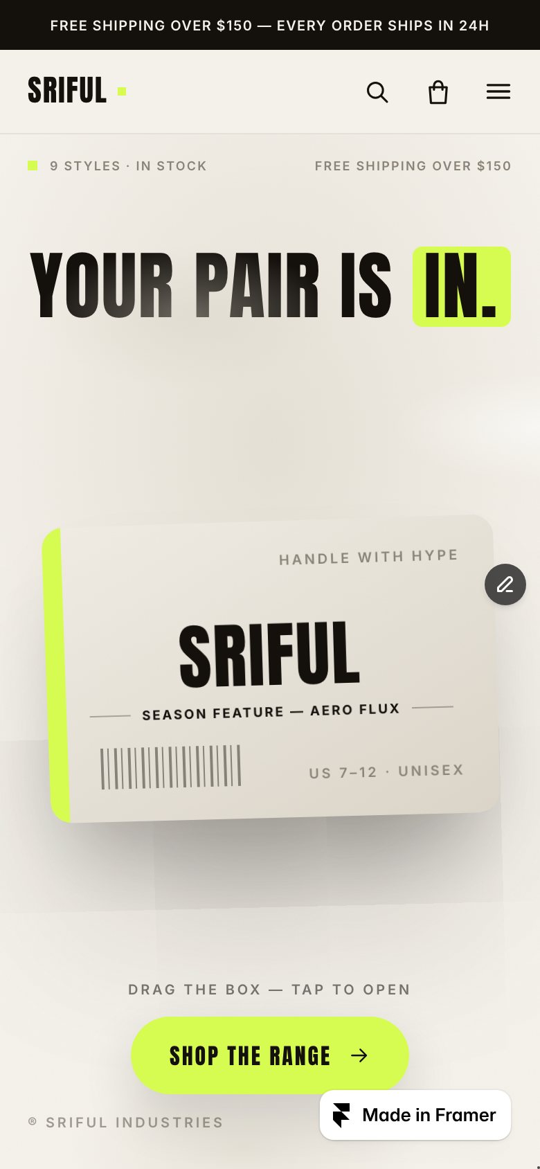 SRIFUL on a phone — the same Framer template at 390 px