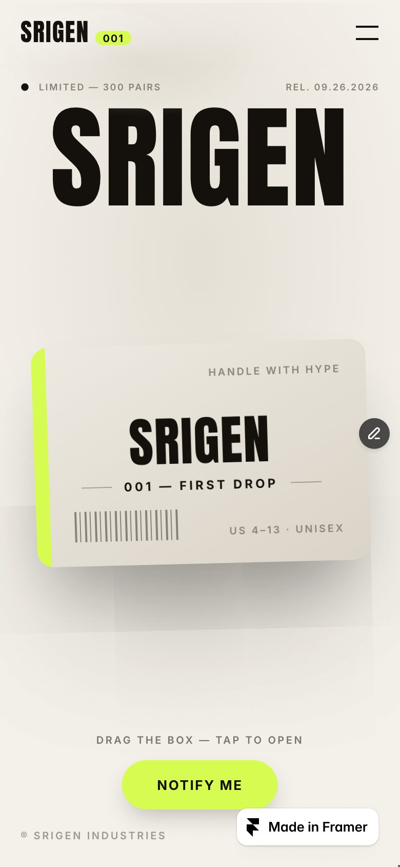 SRIGEN on a phone — the same Framer template at 390 px