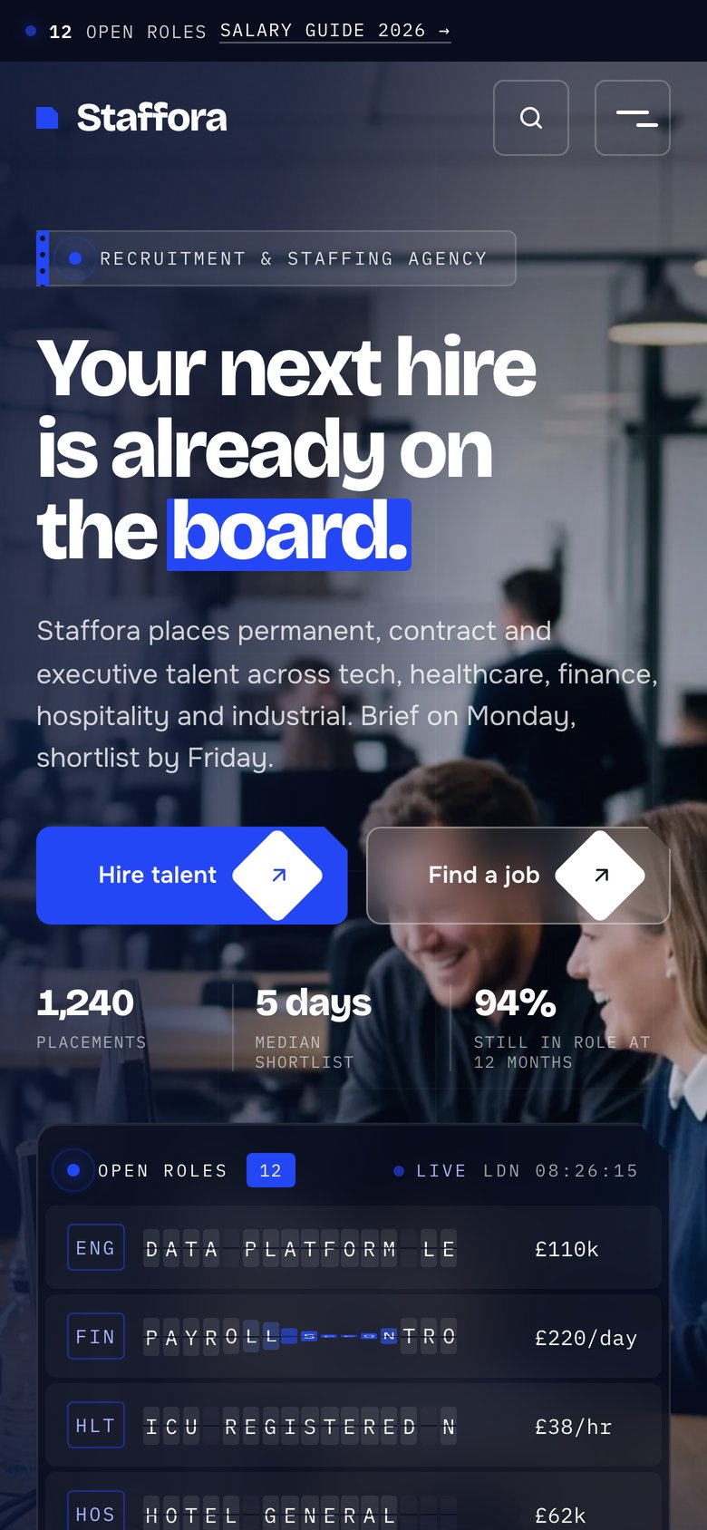 Staffora on a phone — the same Framer template at 390 px
