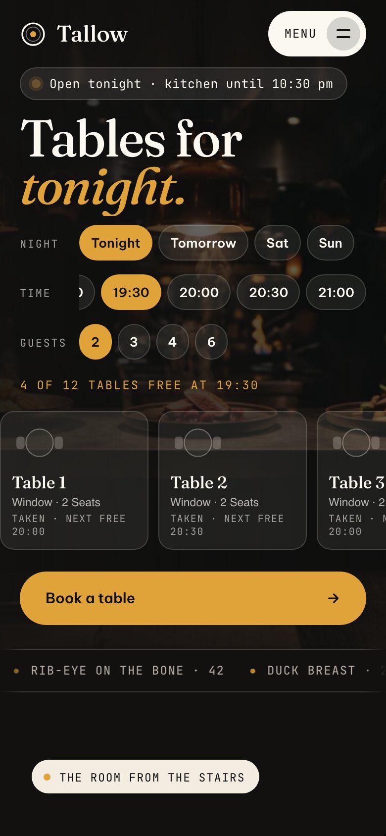 Tallow on a phone — the same Framer template at 390 px