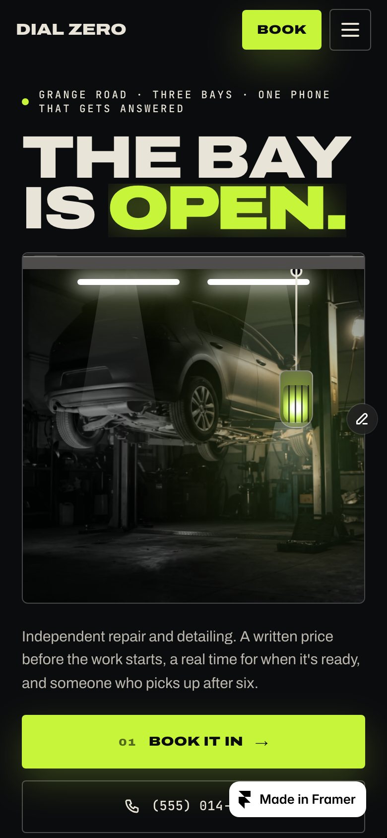 TORQUE on a phone — the same Framer template at 390 px