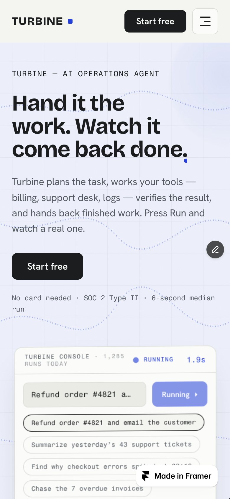 TURBINE on a phone — the same Framer template at 390 px