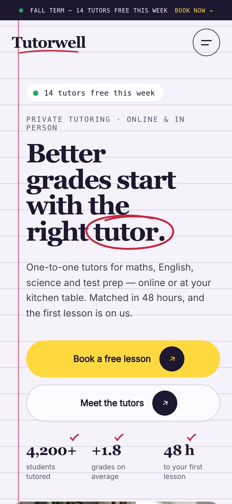 Tutorwell on a phone — the same Framer template at 390 px