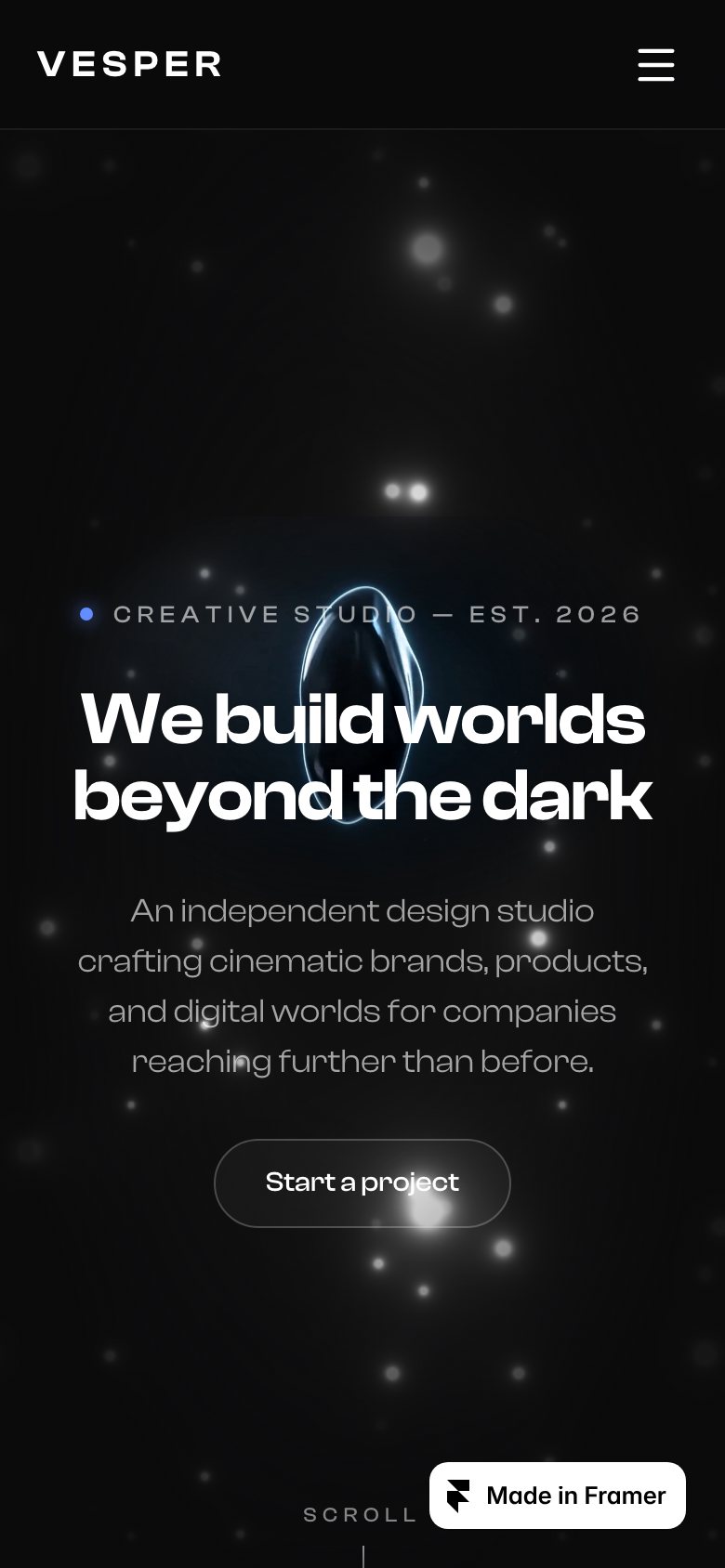 Vesper Studio on a phone — the same Framer template at 390 px