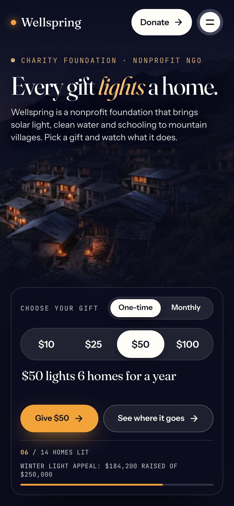 Wellspring on a phone — the same Framer template at 390 px