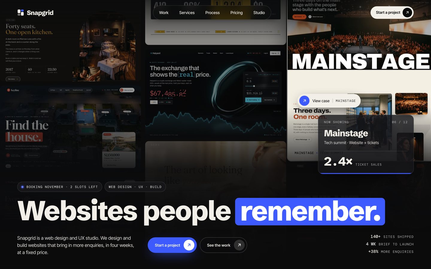 Snapgrid — Web design & UX studio Framer template, home page on desktop