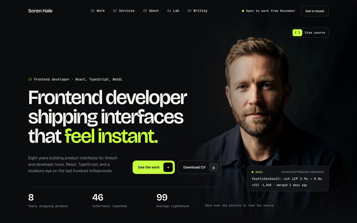 Soren Hale — Developer portfolio Framer template, home page on desktop