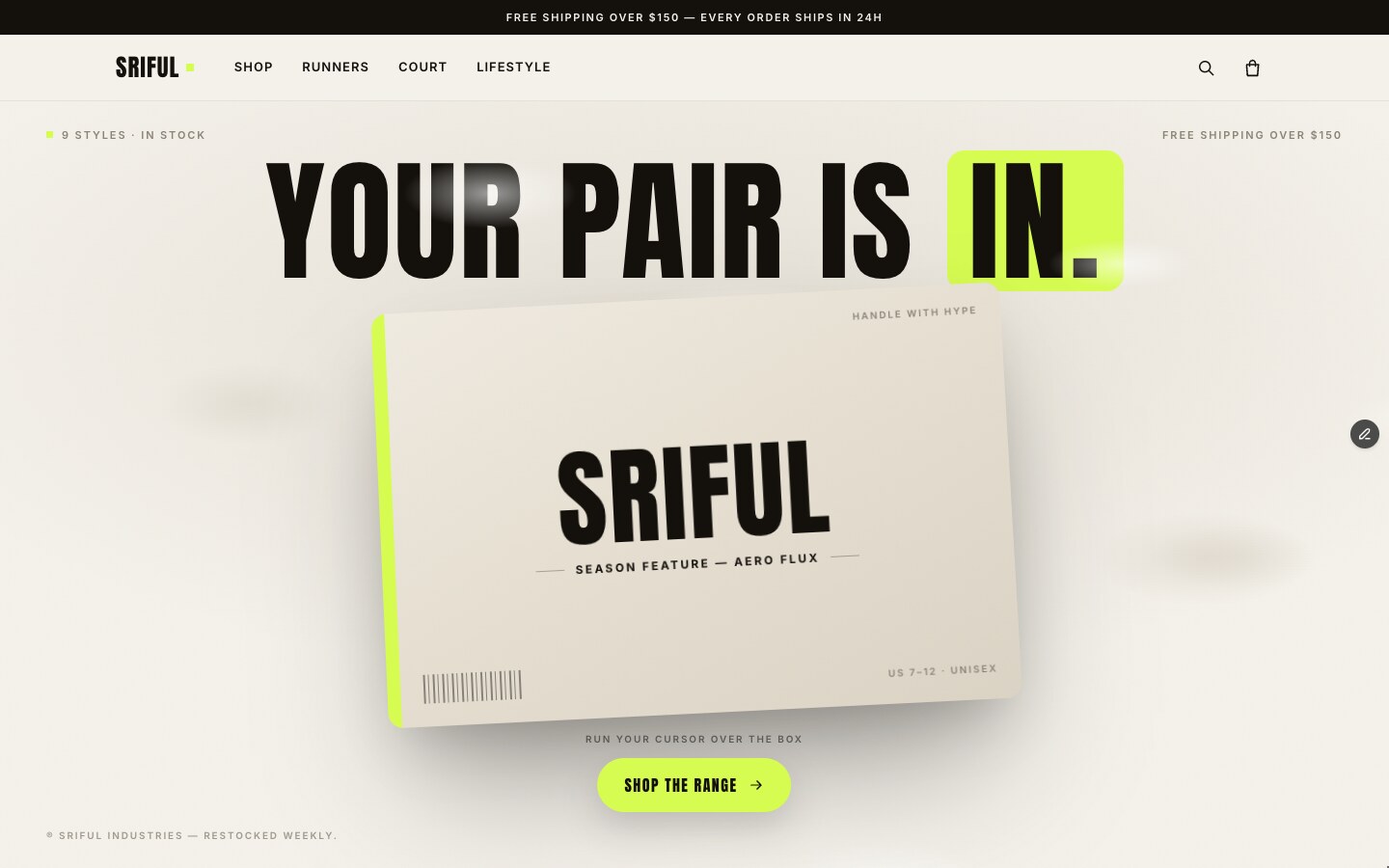 SRIFUL — Sneaker & streetwear store Framer template, home page on desktop