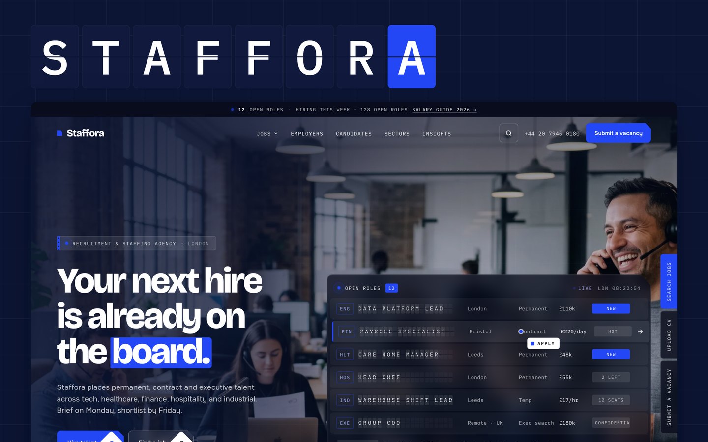 Staffora — Recruitment & staffing agency Framer template, home page on desktop
