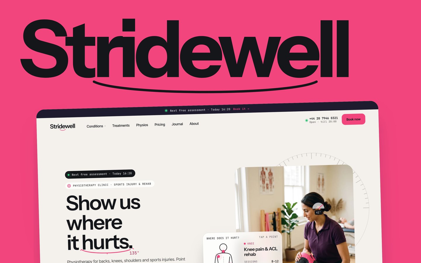 Stridewell — Physiotherapy clinic & sports injury Framer template, home page on desktop