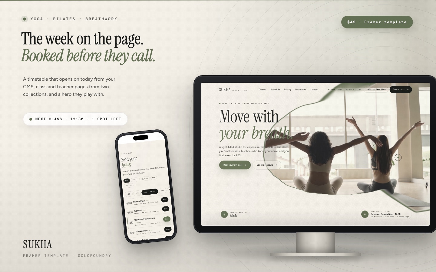 SUKHA — Yoga & pilates studio Framer template, home page on desktop