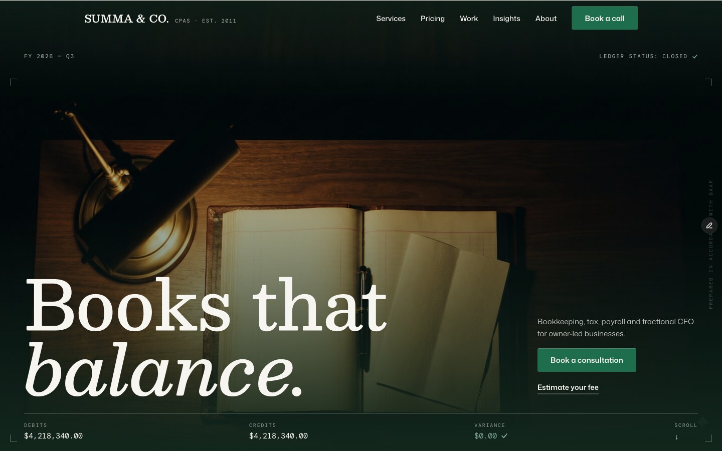 SUMMA — Accounting, CPA & bookkeeping Framer template, home page on desktop