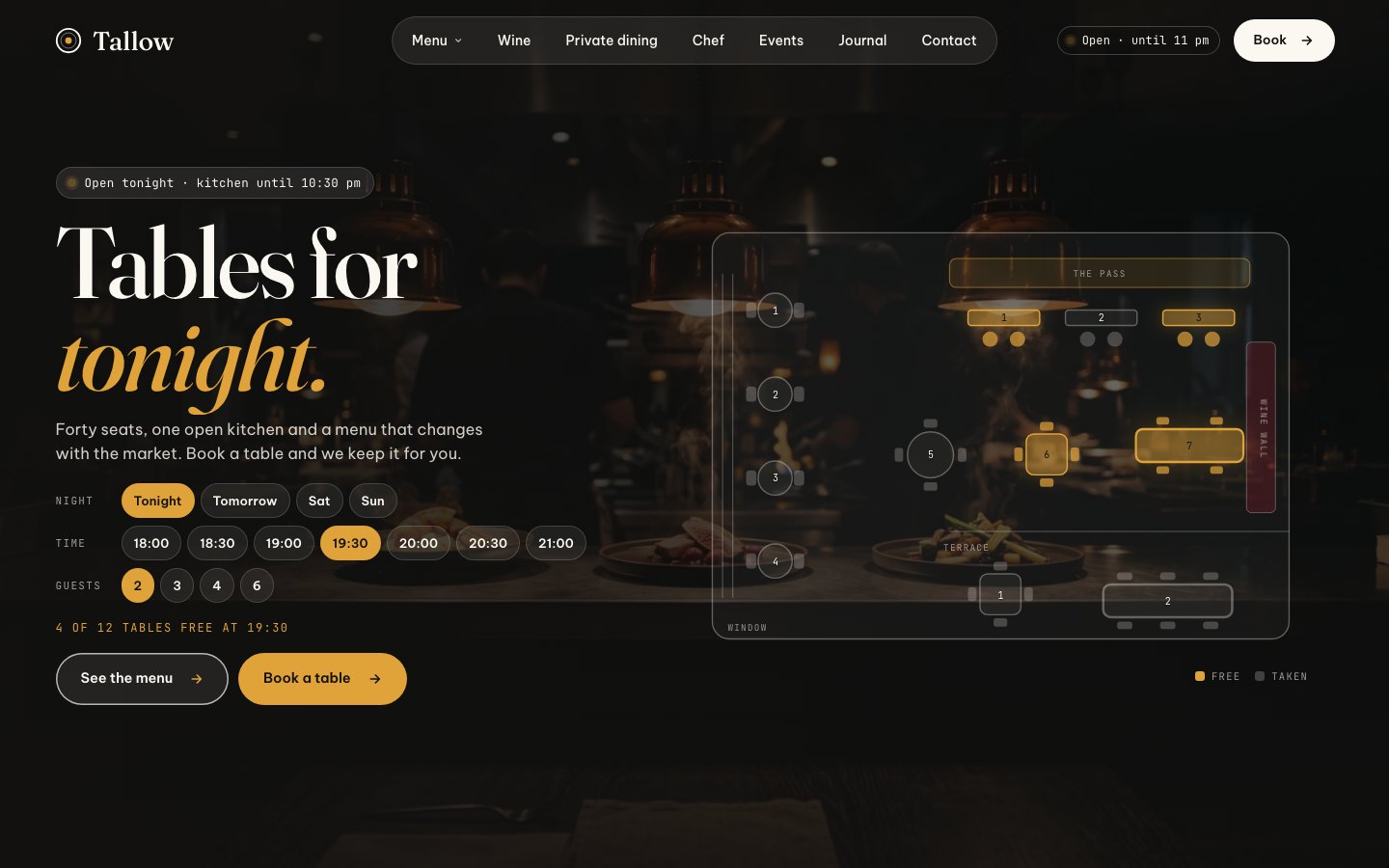 Tallow — Dining & Reservation Framer template
