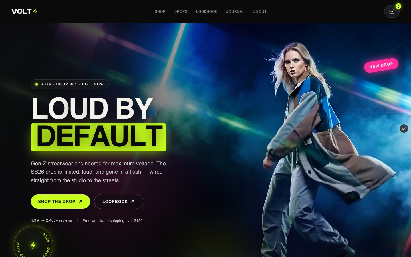 VOLT Studio — Streetwear & Y2K fashion store Framer template, home page on desktop