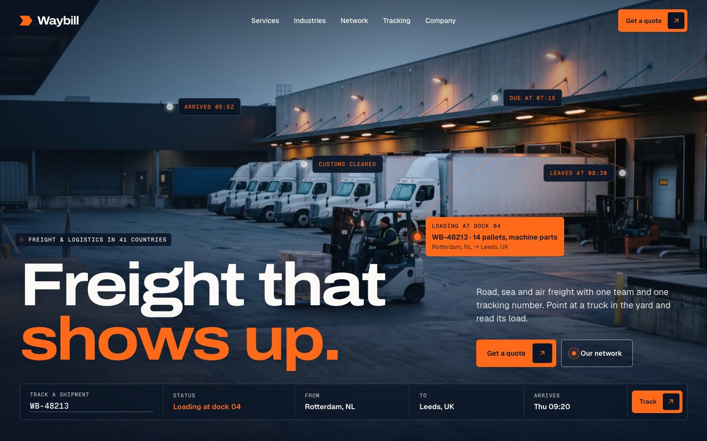 Waybill — Freight forwarder website Framer template, home page on desktop